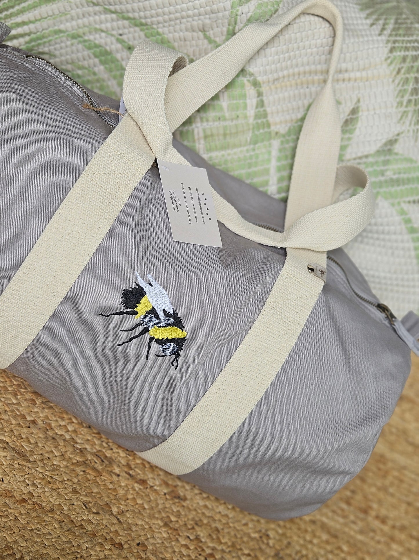 Organic Embroidered Bee Barrel Bag