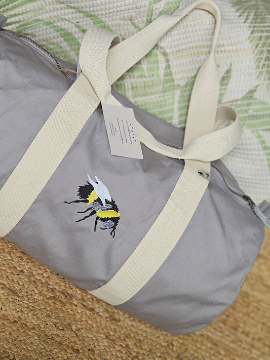 Organic Embroidered Bee Barrel Bag