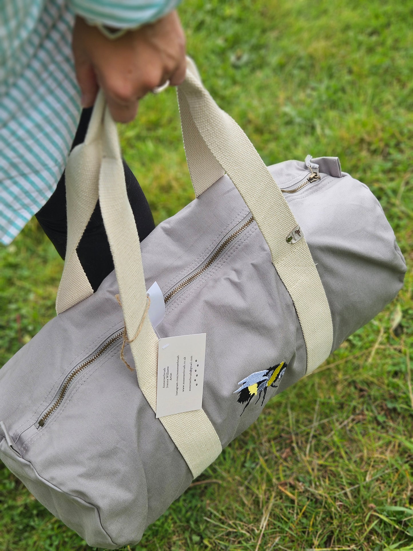 Organic Embroidered Bee Barrel Bag