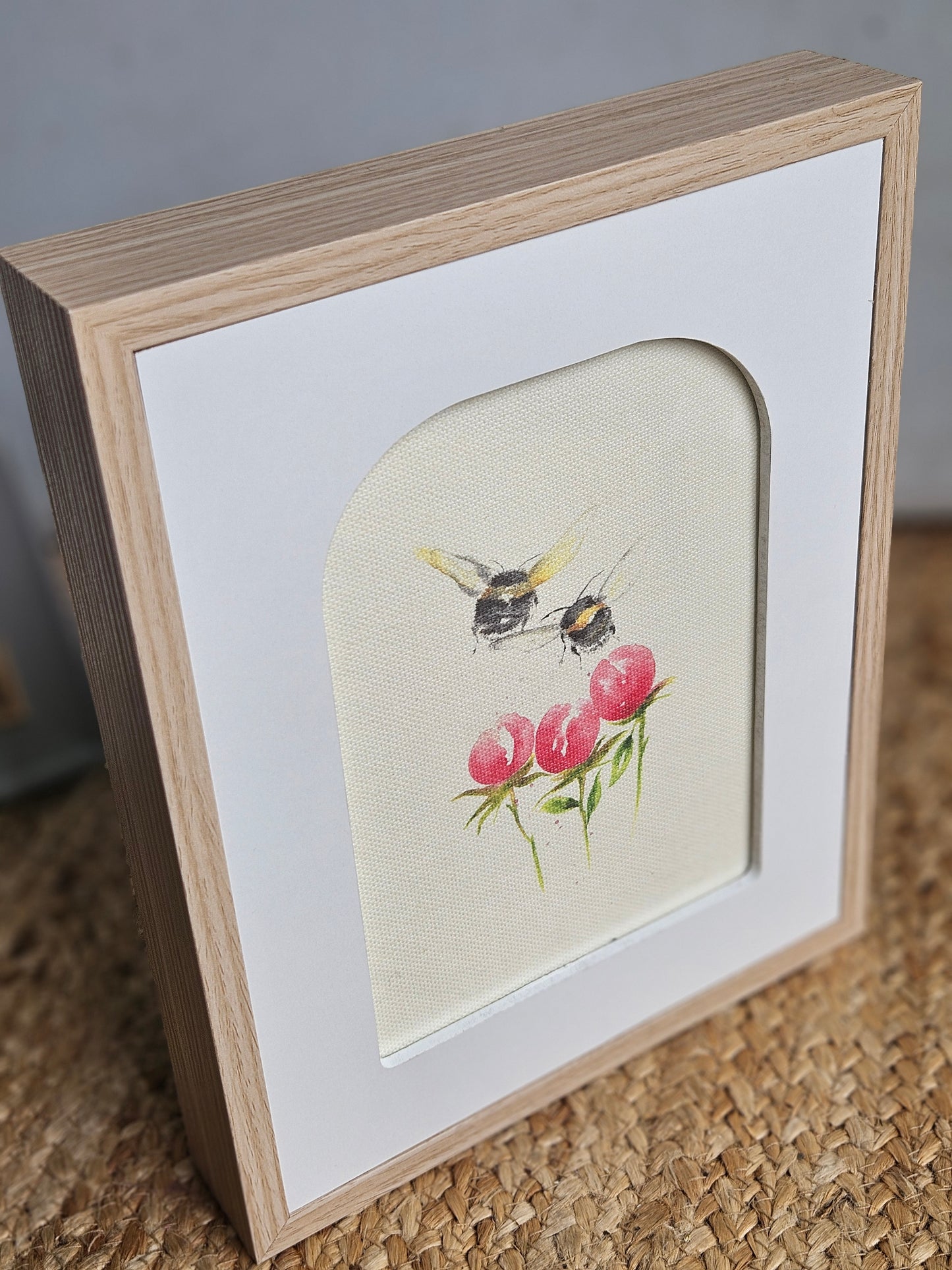 Peony Bumble canvas print in Block frame