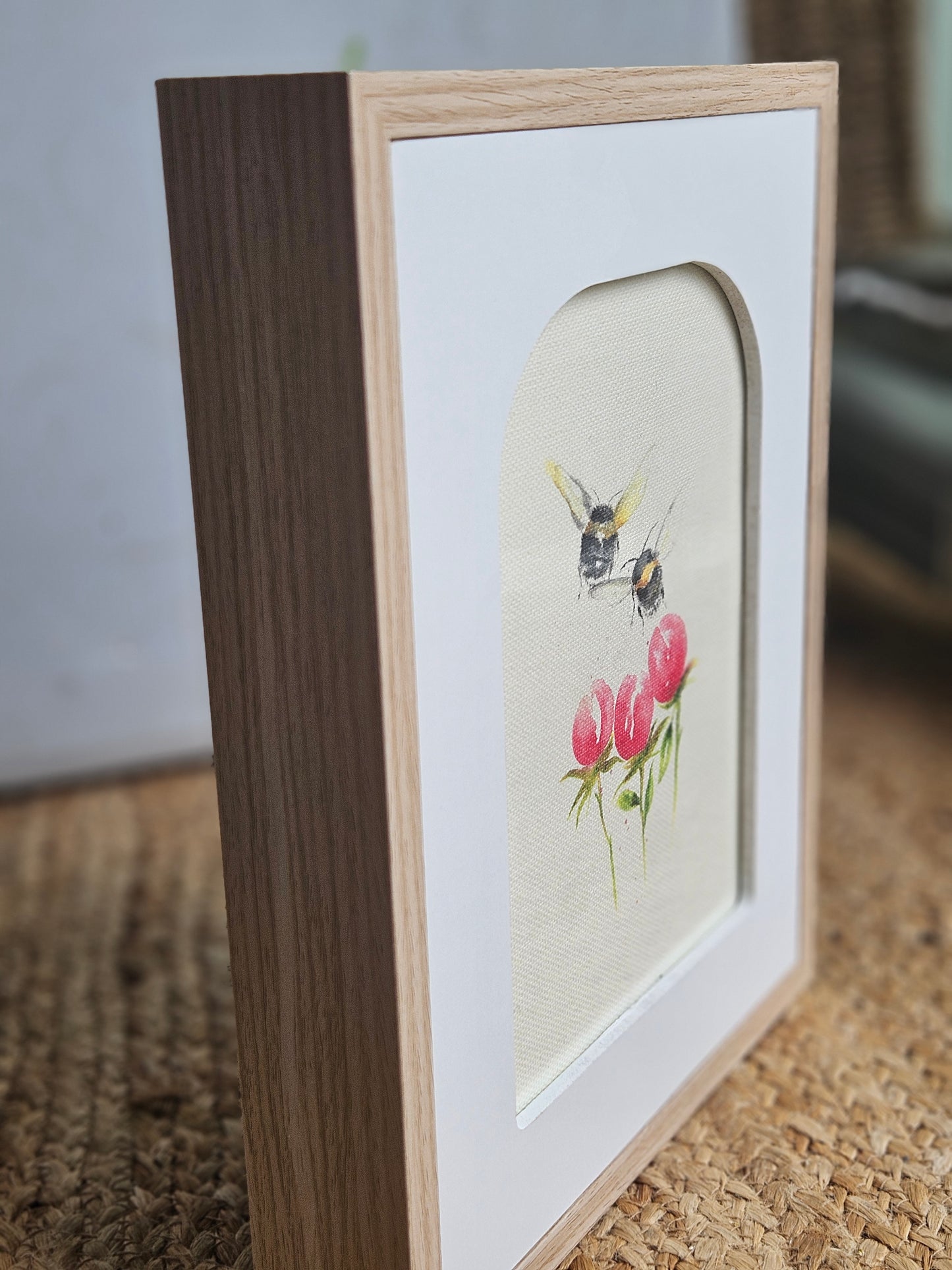 Peony Bumble canvas print in Block frame
