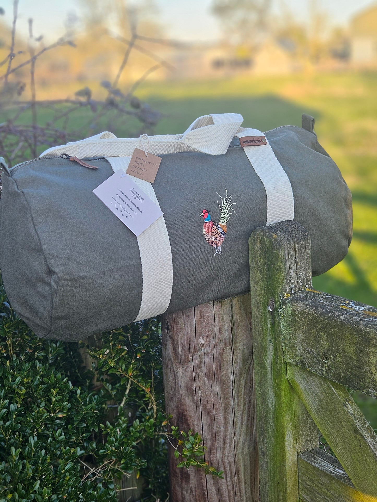 Organic Embroidered Pheasant Barrel Bag