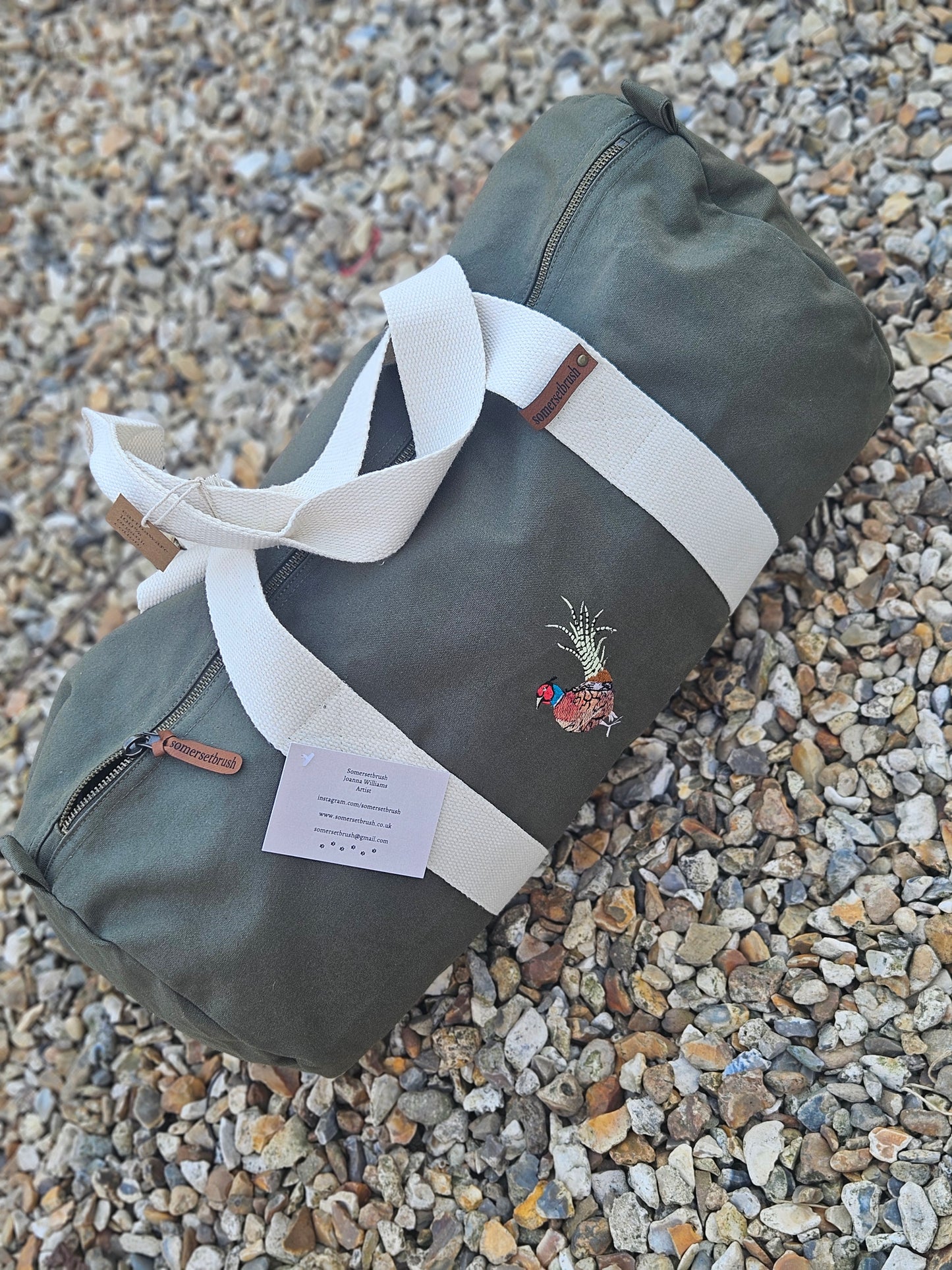 Organic Embroidered Pheasant Barrel Bag