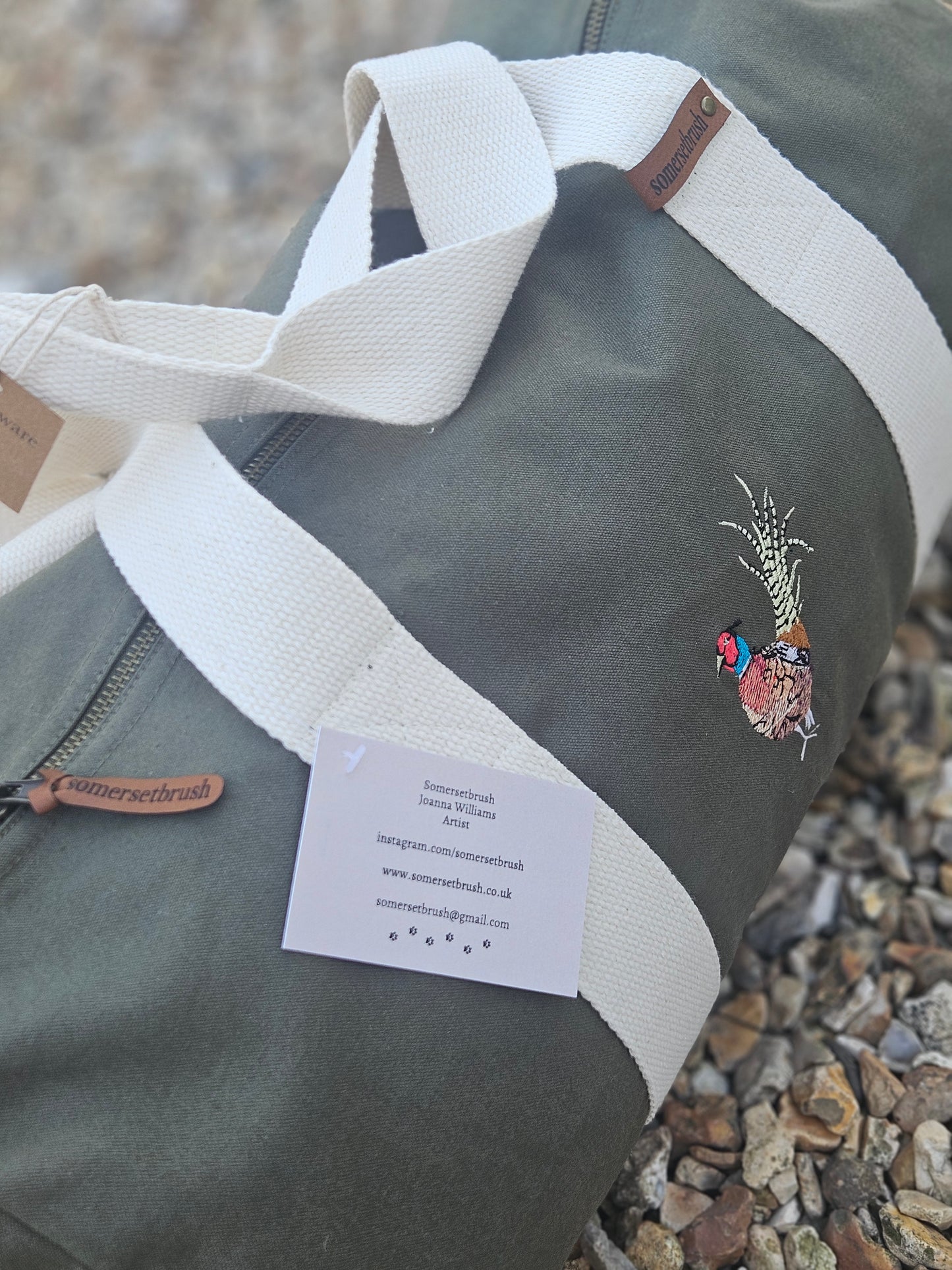 Organic Embroidered Pheasant Barrel Bag