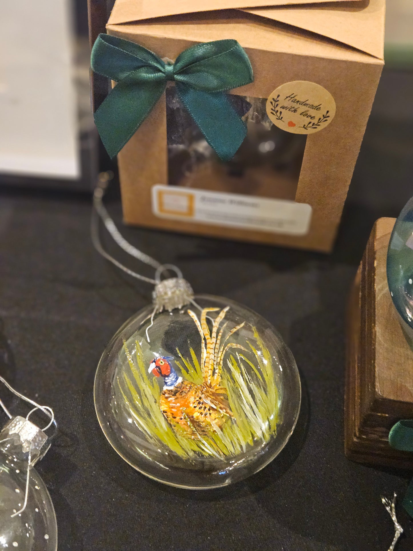 Pheasant in long grass. Glass Boxed Bauble. Hand Painted