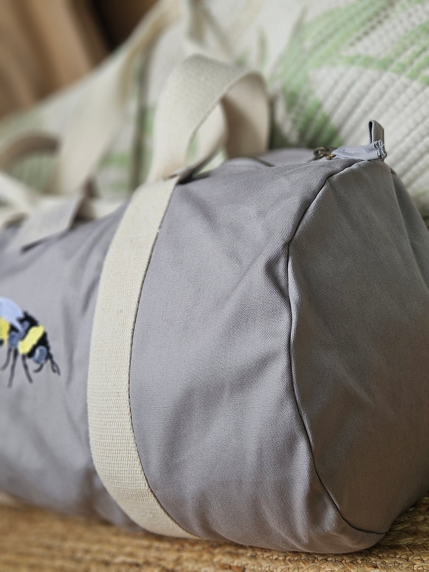 Organic Embroidered Bee Barrel Bag