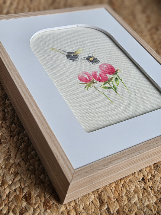 Peony Bumble canvas print in Block frame