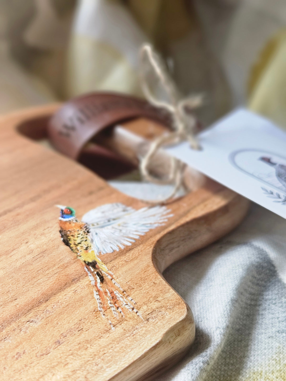 Hand Painted Flying Pheasant Long Serving wooden board
