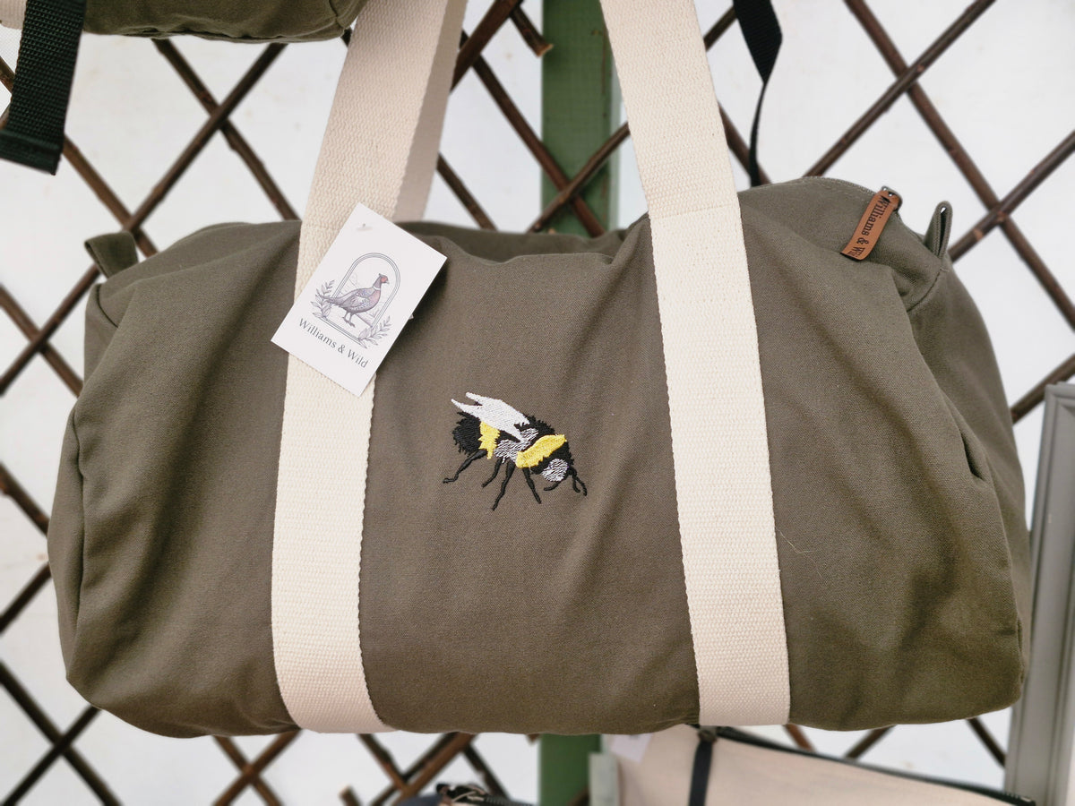 Organic Embroidered Bee Barrel Bag